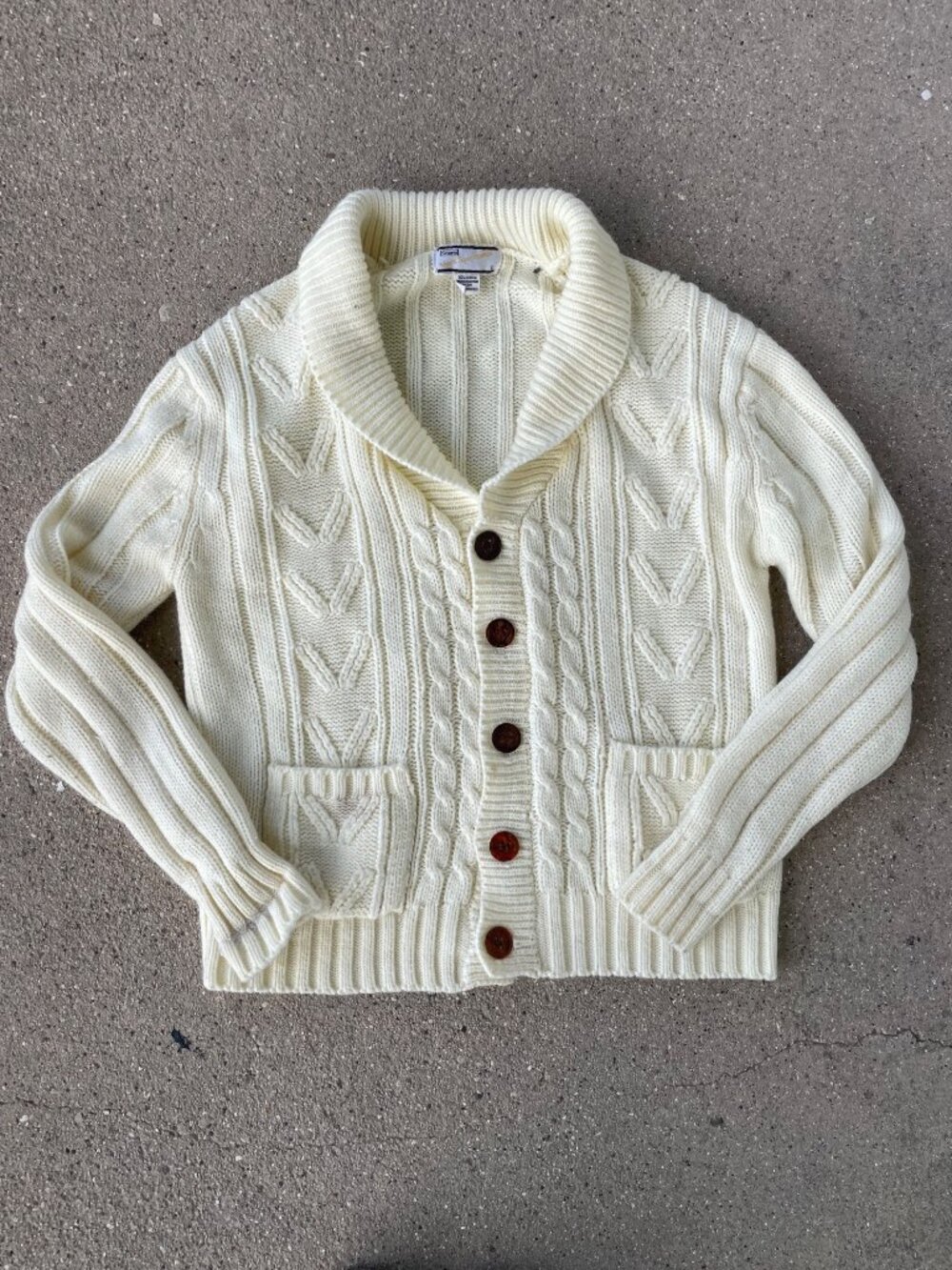 VTG 70s Sears Cream Cardigan Shawl Collar Sweater Men L Cable Knit Professor